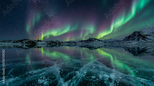 Aurora borealis illuminates the night sky above a frozen lake with cracked ice textures creating a stunning reflection on the surface as mountains stand silently in the distance under the stars.