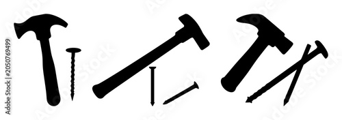 Solid black icon, white background: hammer and nail icon set with simple line art design featuring simple design, minimalist, black and white with illustrations and graphics