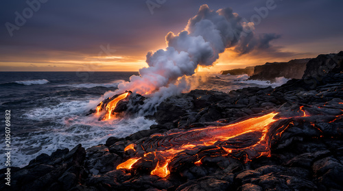 Volcanic lava flows directly into the ocean waves creating massive plumes of steam and smoke as the sun sets over the rugged rocky coastline during a dramatic geological event in the wild landscape.