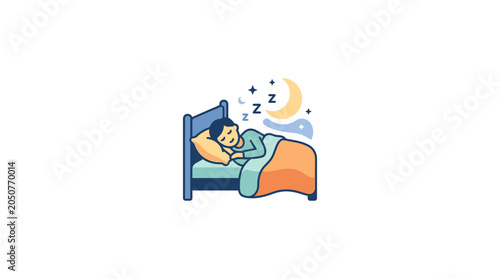 Tableau sur toile Boy Sleeping Peacefully in Bed Under a Crescent Moon and Stars