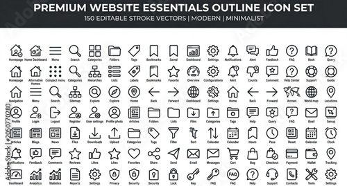 150 website essentials outline icons with navigation and interface elements