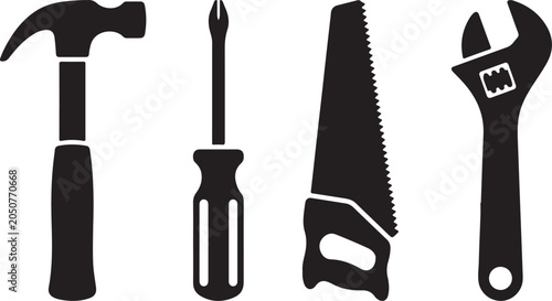 four construction tools silhouettes black vector bundle