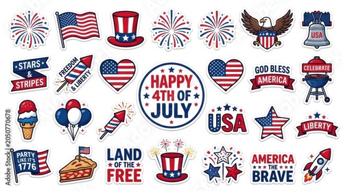 Patriotic 4th of July sticker set, American Independence Day icons with flags and fireworks, red white and blue USA celebration graphics