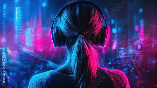 Woman enjoying music in a neon city