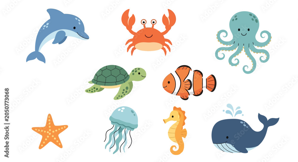 Fototapeta premium Colorful ocean creatures illustrations set.