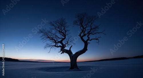 Ancient Gnarled Tree Silhouetted Against Winter Twilight Sky