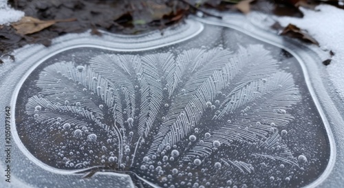 Intricate Ice Patterns on a Frozen Puddle Surface