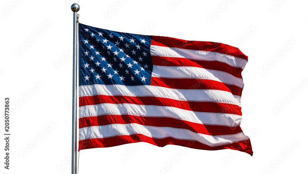 American flag waving on flagpole against white