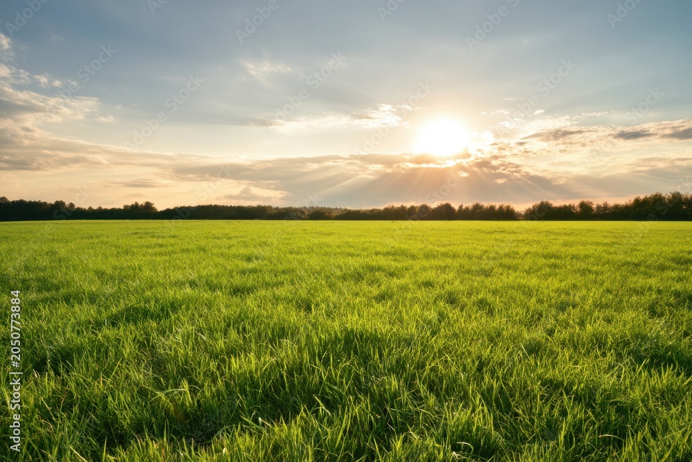 Obraz premium The green field bathed in golden sunrise with expansive sky and distant treeline