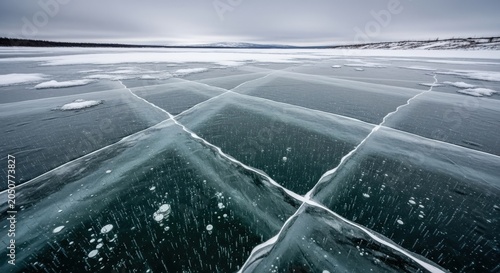 Cracked Frozen Lake Surface With Geometric Patterns