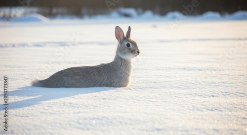 A solitary rabbit resting in a glistening snow-covered field
