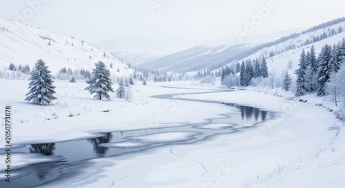 Winding Frozen River Meandering Through Snow-Covered Winter Valley