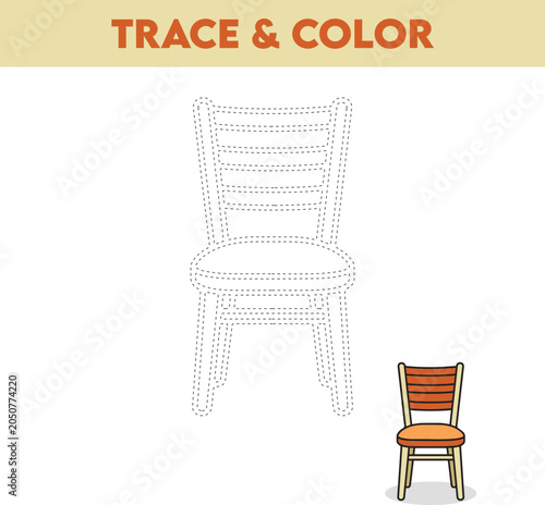 Trace and Color Chair Worksheet for Kids Printable Furniture Learning Activity