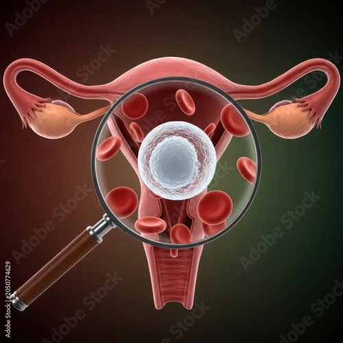 Close-up view of the female reproductive system with a magnifying glass highlighting the uterus and ovaries