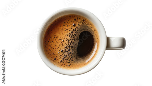 Hot espresso coffee in white cup with crema bubbles