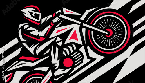 Foto Red-outlined rider performs a dynamic wheelie.