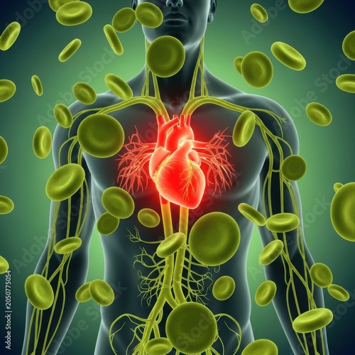 Illustration of human body with highlighted heart and blood cells.