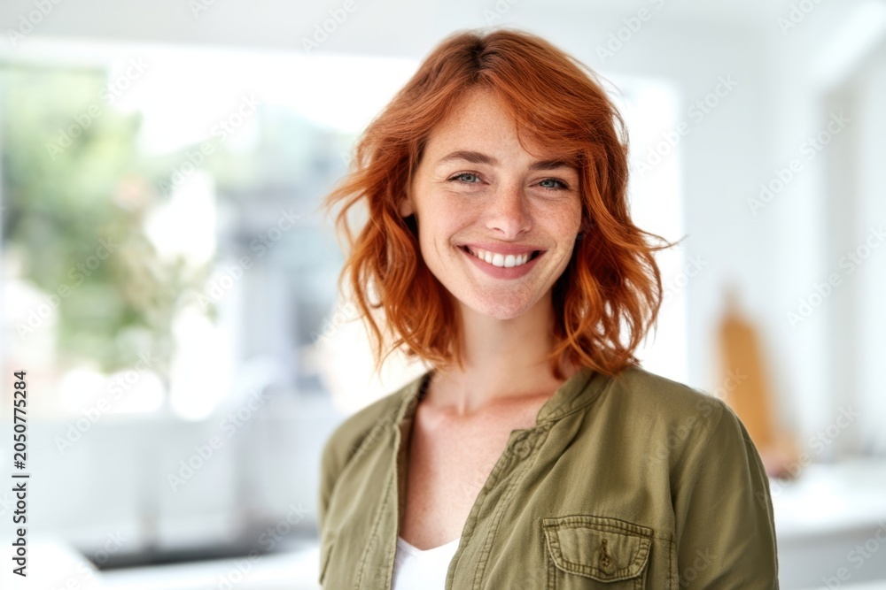 Fototapeta premium The woman smiling warmly in a bright modern kitchen with natural light