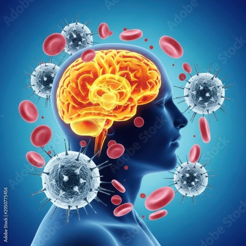 Illustration of brain inflammation with pathogens and blood cells.