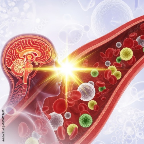 Illustration of brain and blood vessels with various cells and pathogens