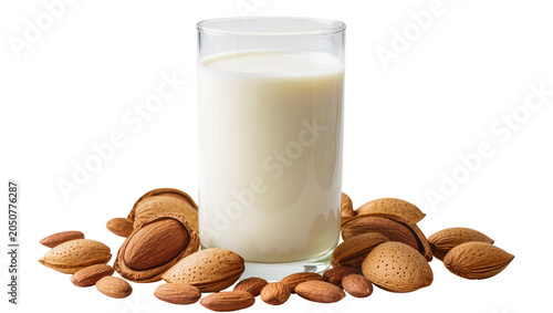 Konstfotografi Glass of almond milk with whole almonds and shells