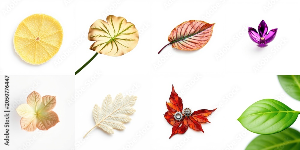 Fototapeta premium Various plant elements displayed. Citrus slice, leaves, flower, delicate textures, bright colors, minimalist composition. Clean background.