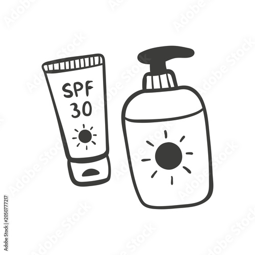 Sunscreen lotion and SPF cream line icon. Sun protection and skincare symbol in blue outline vector style.
