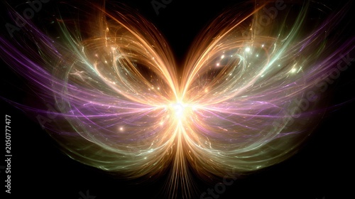 Glowing abstract energy butterfly formation in vibrant colors