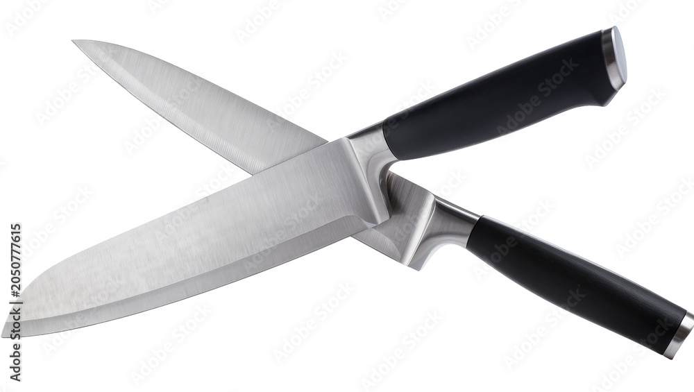 Obraz premium Two crossed chef knives with black handles and steel blades