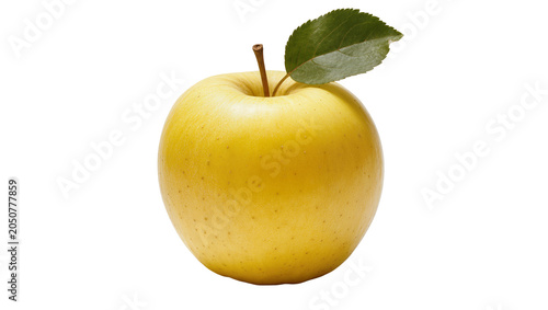 Fotografie Golden yellow apple with green leaf and stem