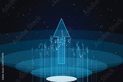 Εκτύπωση καμβά Neon blue arrows ascend from glowing base against starry dark blue background, a