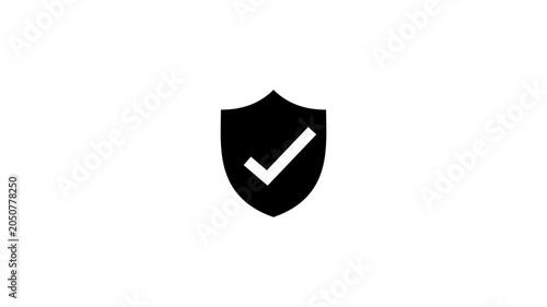 Black shield with a white check mark centered on a solid white background representing security and verification status for digital