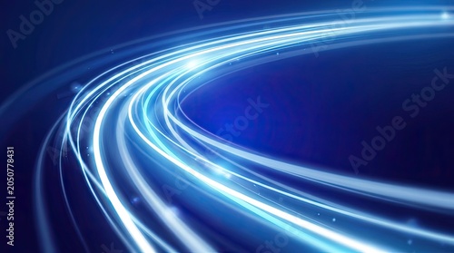 Abstract Blue Light Trails Speeding Through Darkness.