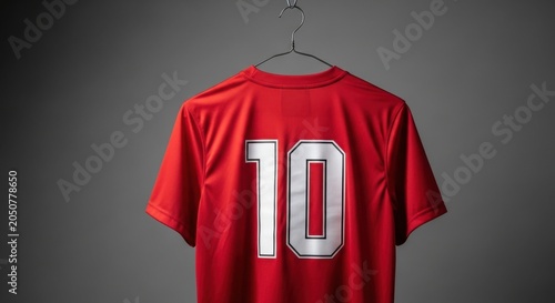 Red soccer jersey with number ten hanging on metal hanger