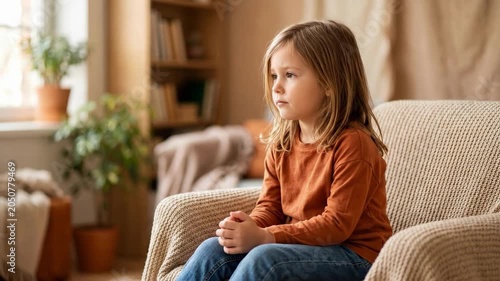 Thoughtful young girl sitting alone on armchair in cozy living room. Child with sad expression symbolizing loss and waiting. Awareness for international day of missing children concept
