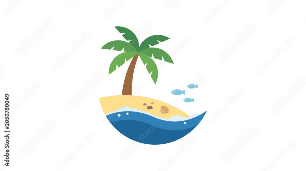 Obraz premium Tropical Island Paradise with Palm Tree, Beach, Ocean Waves, and Fish