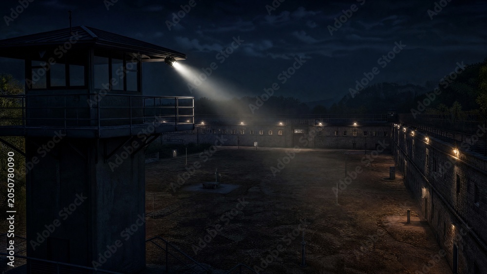 Obraz premium Empty prison watchtower at night with searchlight on courtyard.