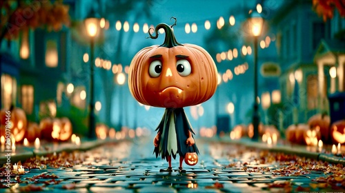 Child dressed as pumpkin walks down a street decorated with lights and pumpkins during Halloween night