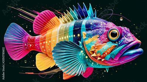 Colorful fish swims in bright water with patterns and light during day in a vibrant underwater scene