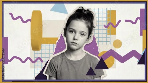 Young girl with serious expression in abstract geometric collage. Awareness illustration for international day of missing children. Child safety and protection concept