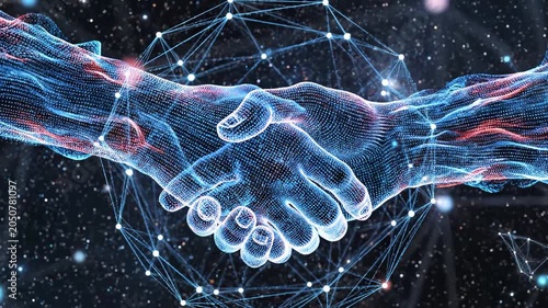 Two glowing hands connecting in space