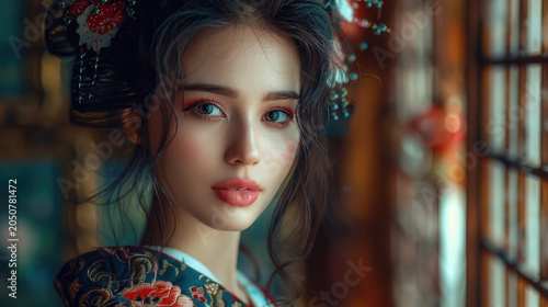 Elegant Japanese geisha close-up portrait, traditional white oshiroi makeup, red lips, exquisite eye makeup, ornate black hairstyle, silk kimono with floral patterns, traditional Japanese wooden house