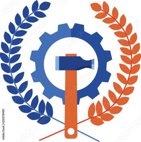 Labor Day Vector Icon with Gear Hammer and Laurel Wreath