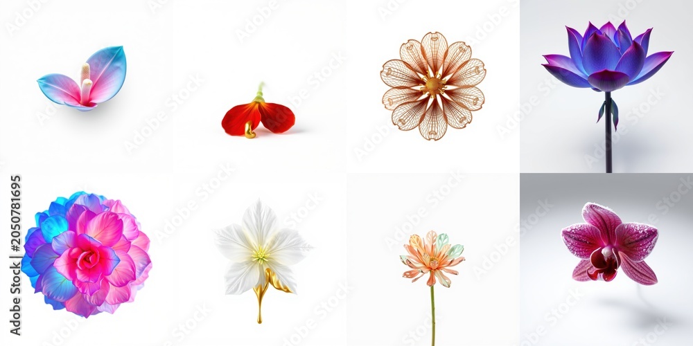 Obraz premium Floral collection showcases diverse blooms. Vivid colors, delicate petals, elegant stems present beautiful botanical variety.