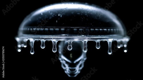 Alien creature head with dripping water on black background
