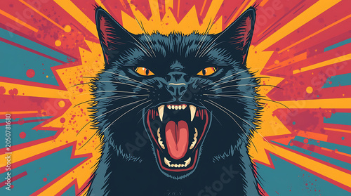  Black Cats with Open Mouths and Fangs, Capturing Fierce and Mystical Power of Cats in Artistic Form, Black Cat with Glowing Yellow Eyes 
