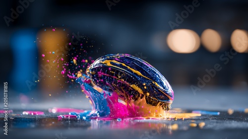 Alien head covered in vibrant paint splashes