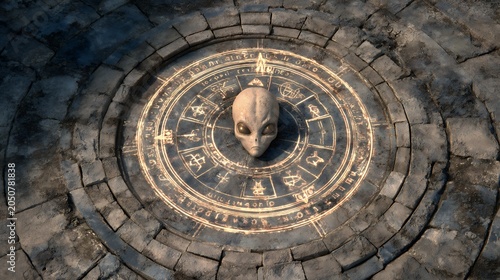 Alien head centered within a glowing ancient stone symbol circle