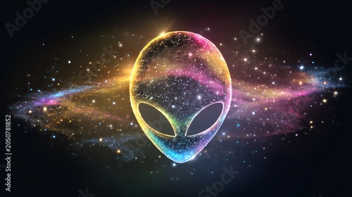 Alien head glowing with galaxy colors and stars