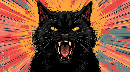  Black Cats with Open Mouths and Fangs, Capturing Fierce and Mystical Power of Cats in Artistic Form, Black Cat with Glowing Yellow Eyes 
